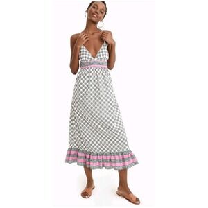J.Crew Strappy Deep V-neck Ruffle Midi Pink Block Print Geometric Dress Size XS